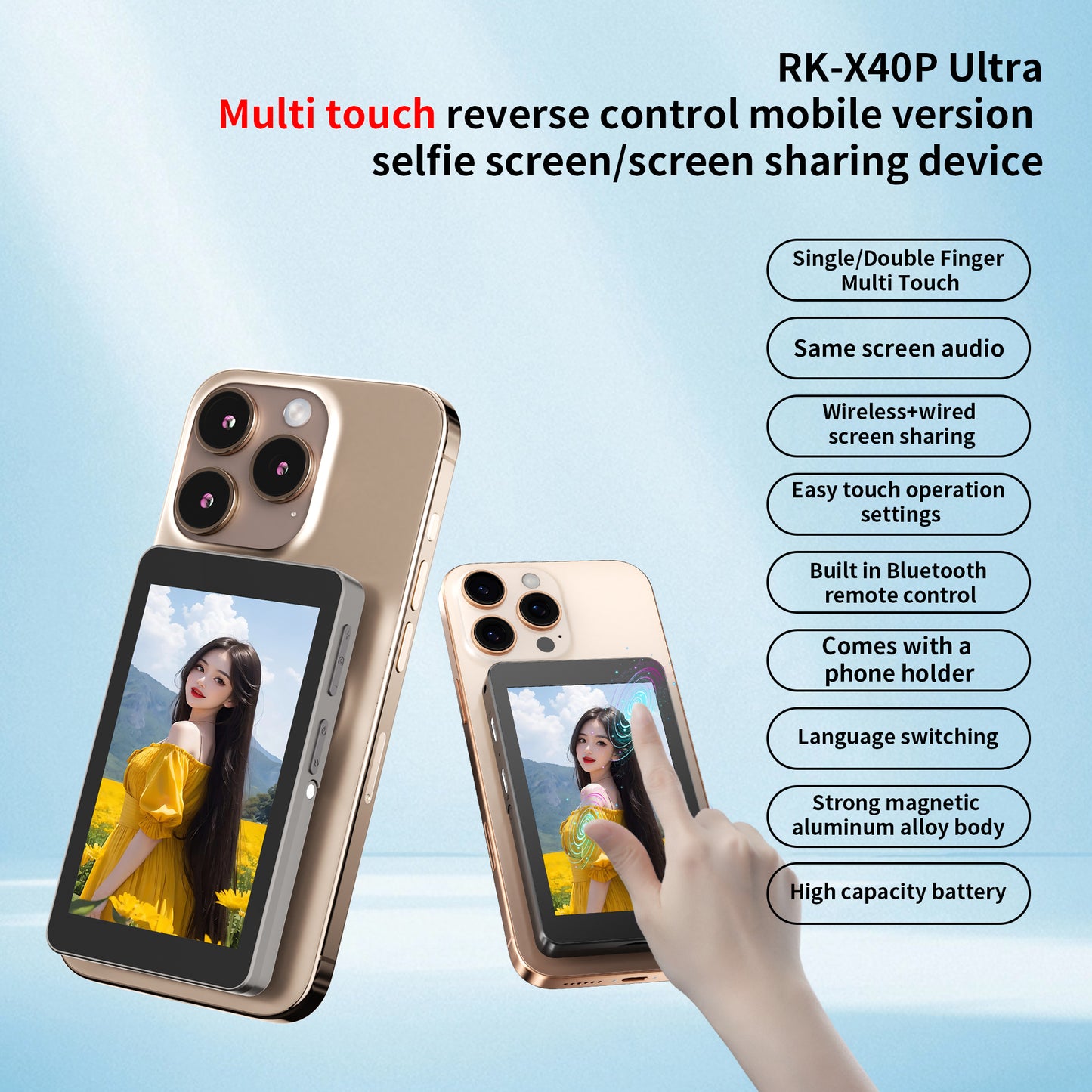 New Touch Control wireless phone selfie magnetic display phone rear split screen
