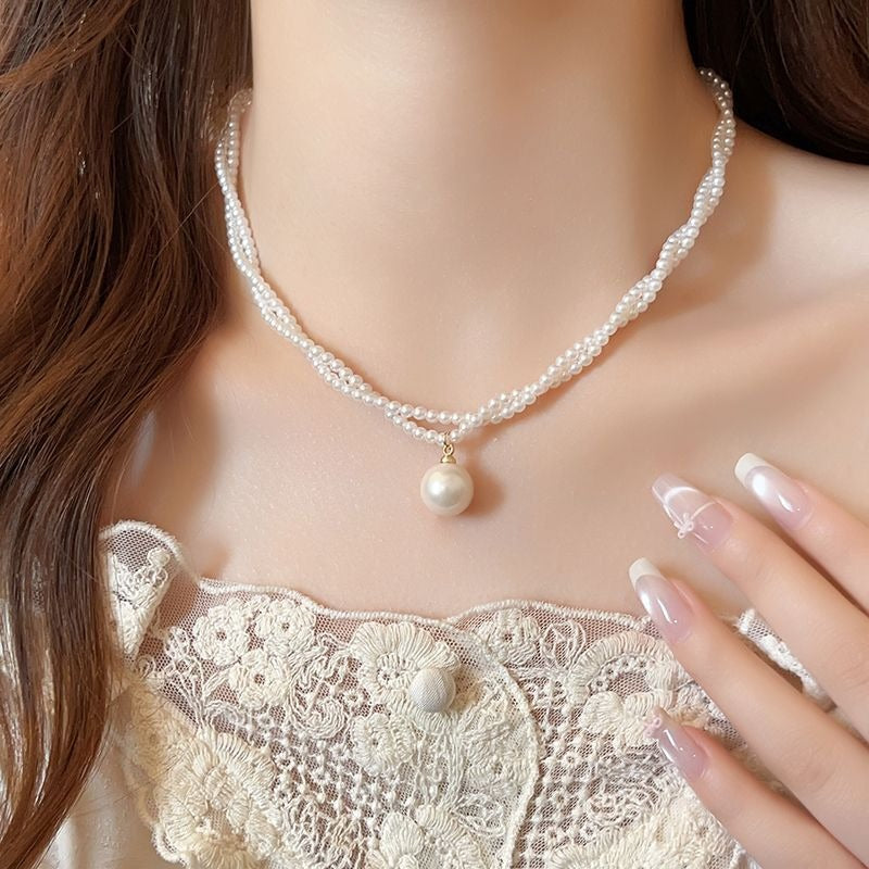 Pearl Pendant Double Layer Twisted Beaded Necklace