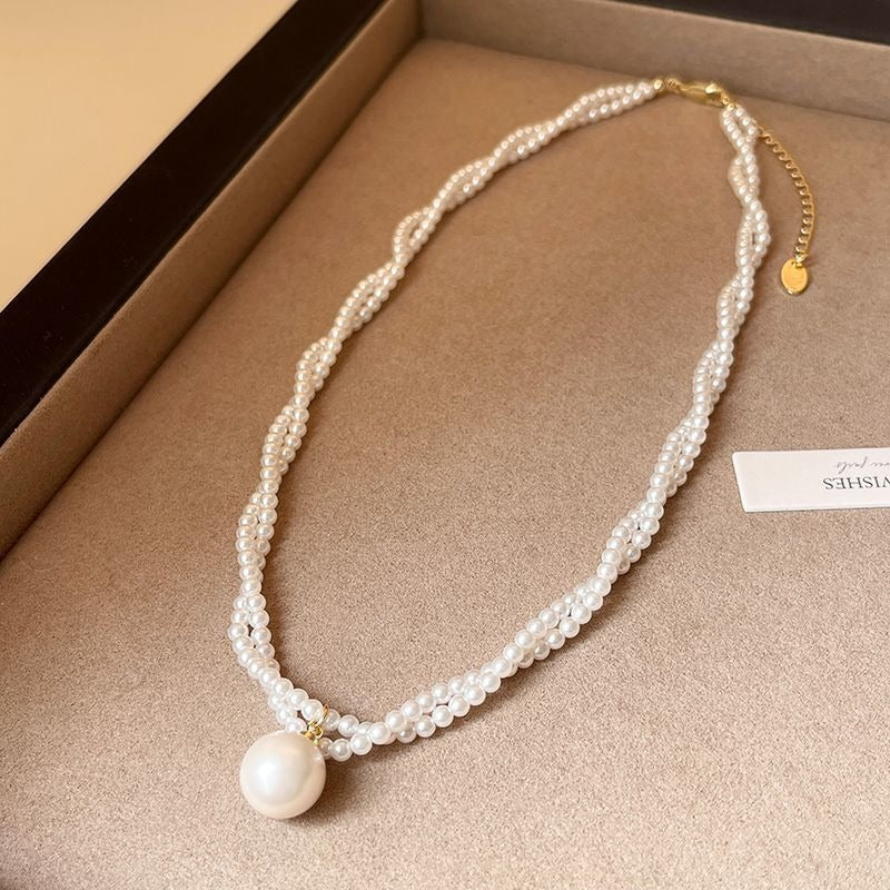 Pearl Pendant Double Layer Twisted Beaded Necklace