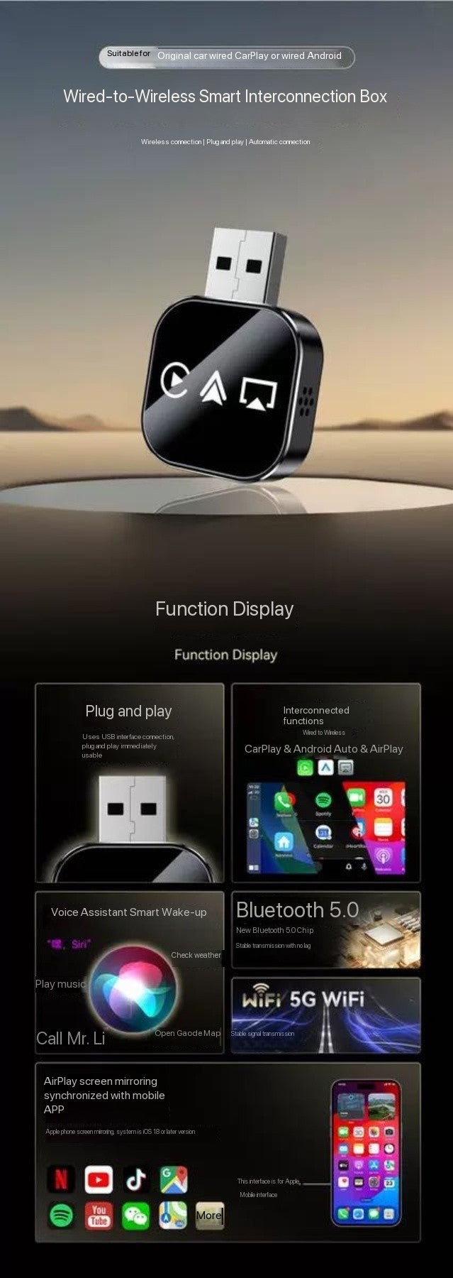 Screen Mirroring and Wireless carplay Adapter for iPhone/Android