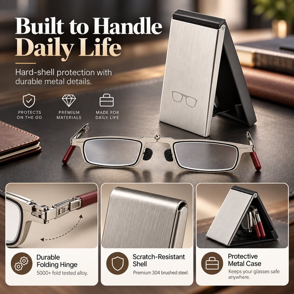 ✨ Weightless Folding Readers in a Sleek Metal Vault