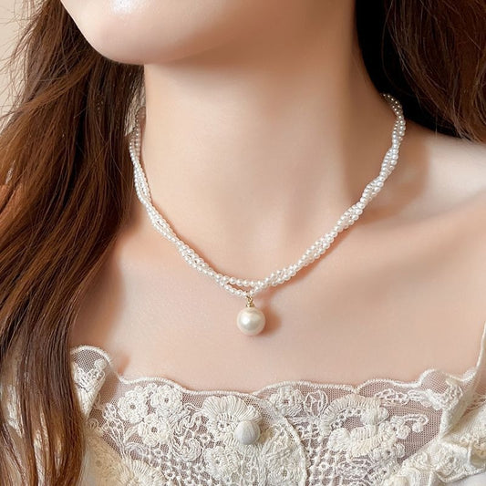 Pearl Pendant Double Layer Twisted Beaded Necklace