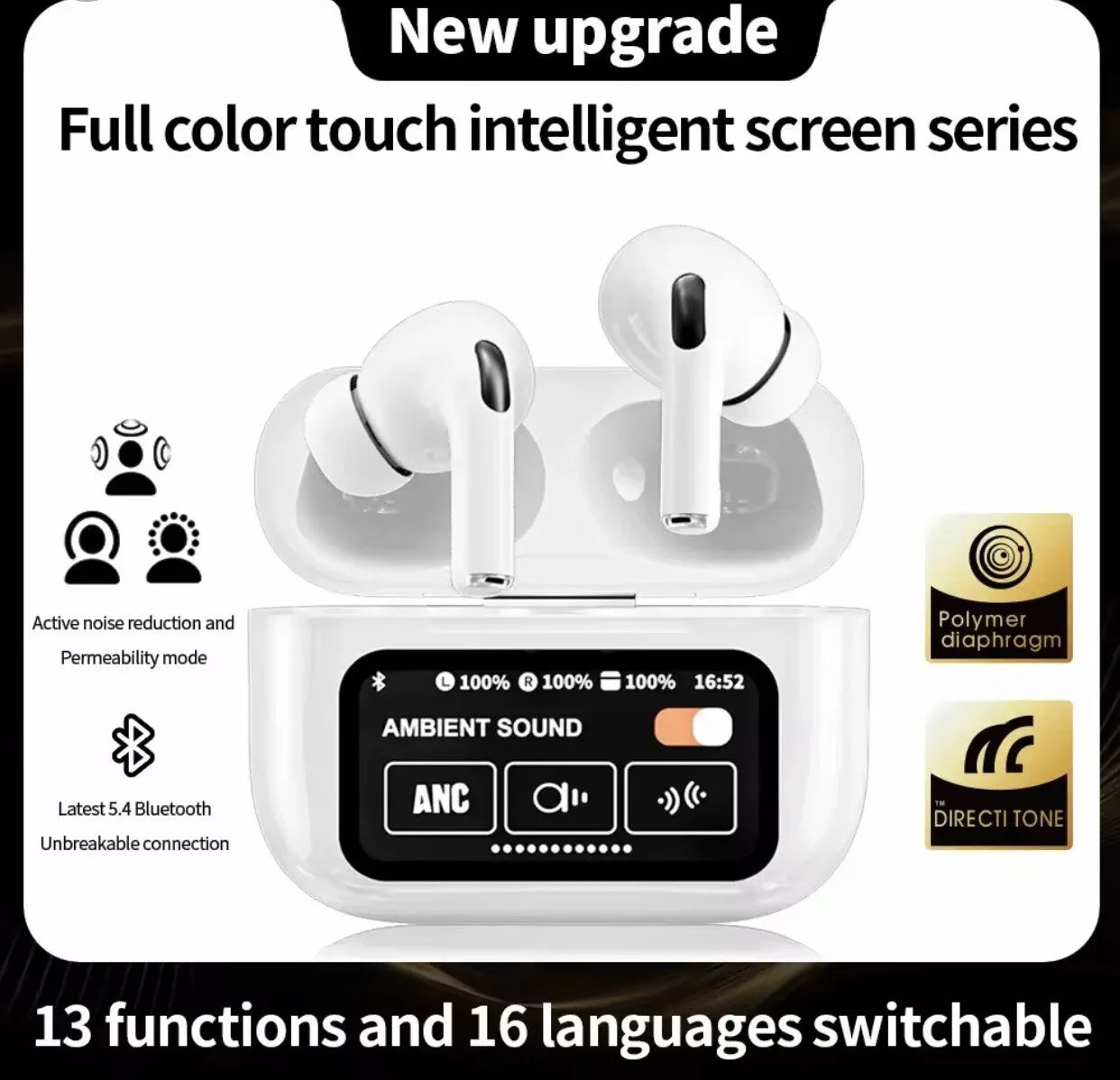 New 2024 TWS A9 Pro Touch Screen Wireless Headphones ANC/ENC Sport